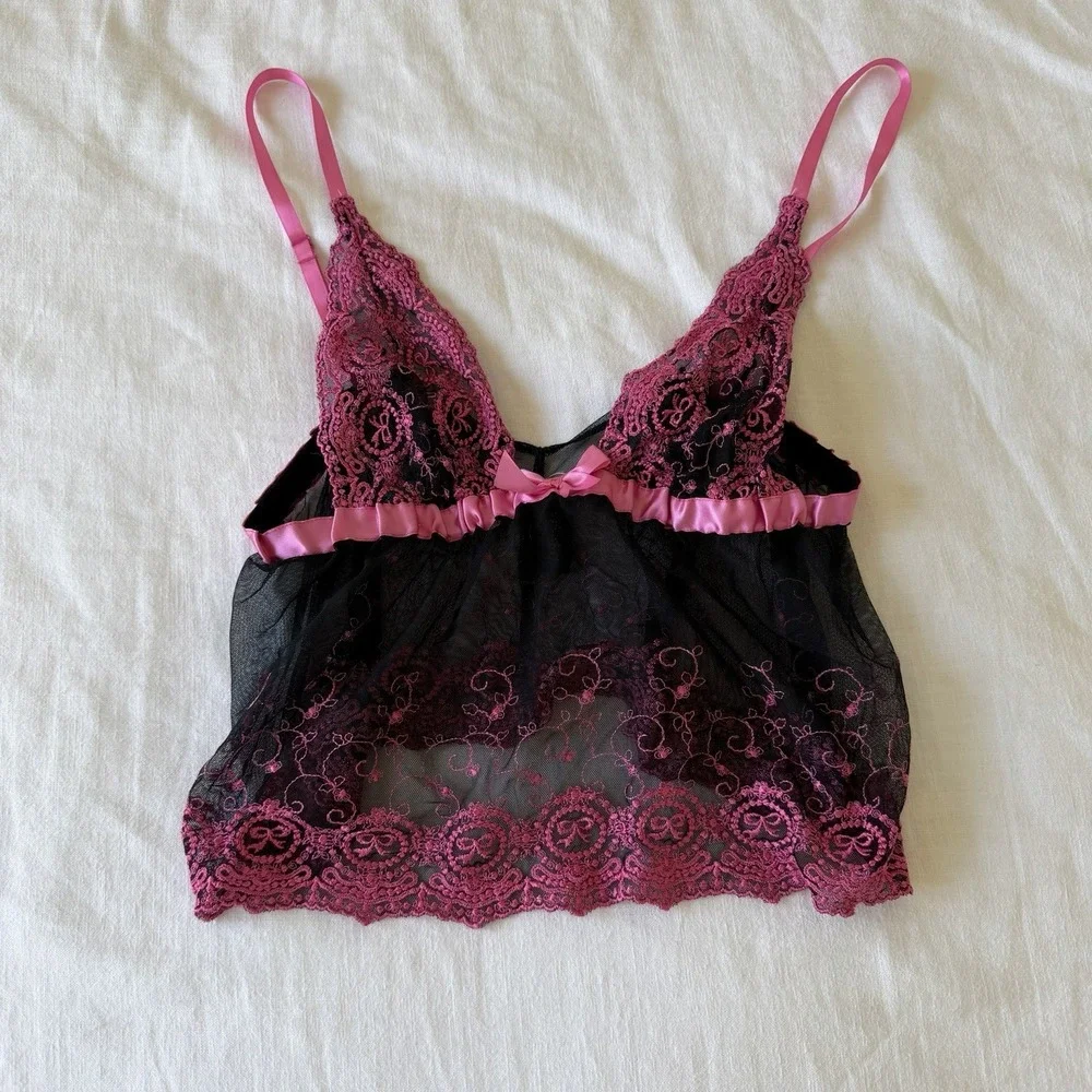 Fredericks of Hollywood Vintage Lingerie Top Sm/Med Pink Black Mesh Babydoll‎